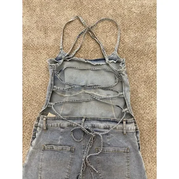 SHEIN Denim Romper Lace Up Back Large - Picture 4 of 6